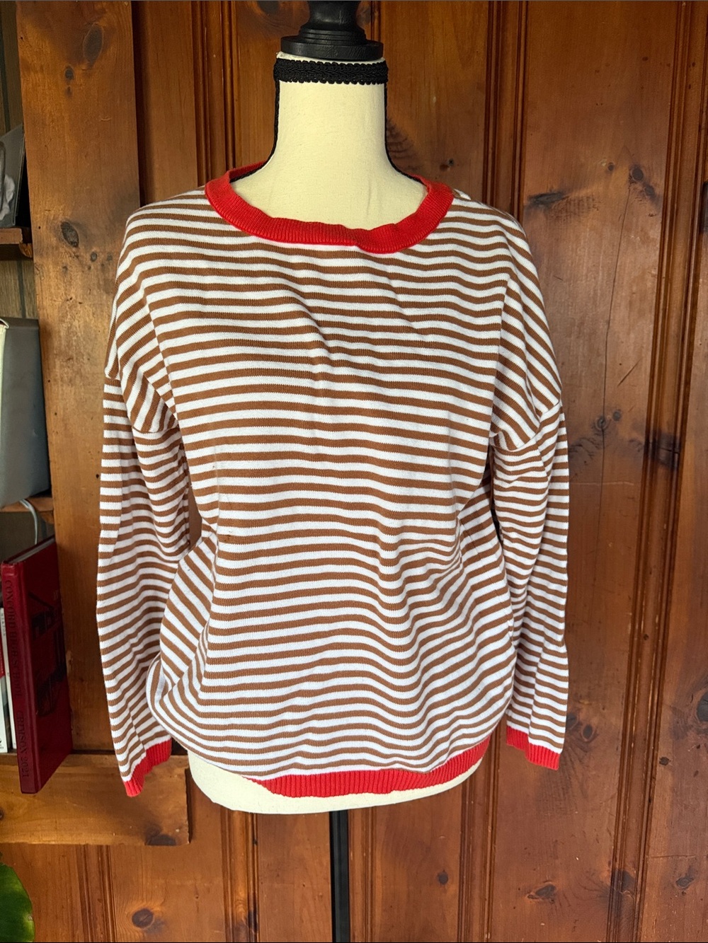 Striped Long Sleeve Sweater with Red Trim